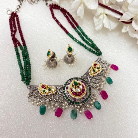 Ruby Green Kundan Fusion Choker Set With Jhumki