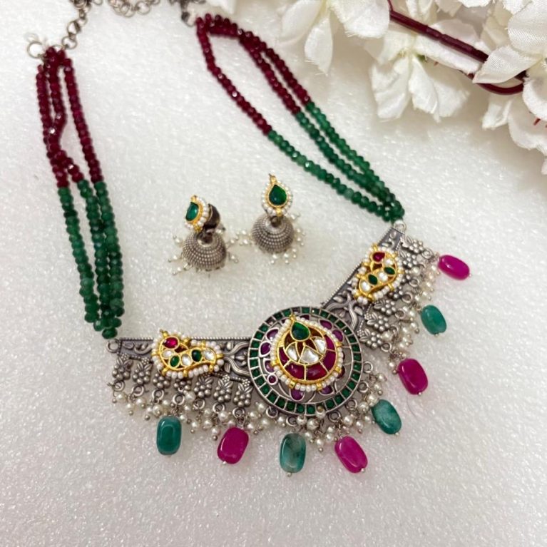 Ruby Green Kundan Fusion Choker Set With Jhumki