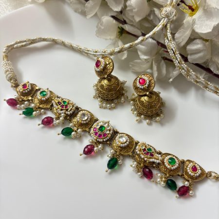 Gold Matt Apala Polish Kundan Fusion Choker With Jhumki