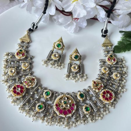 SLA Dualtone Double Layered Kundan Fusion Choker Set