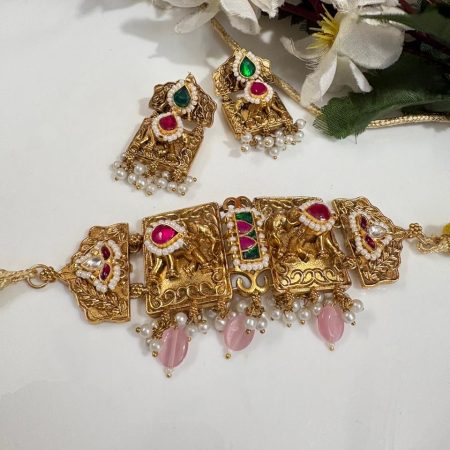 Gold Matt Kundan Choker Set